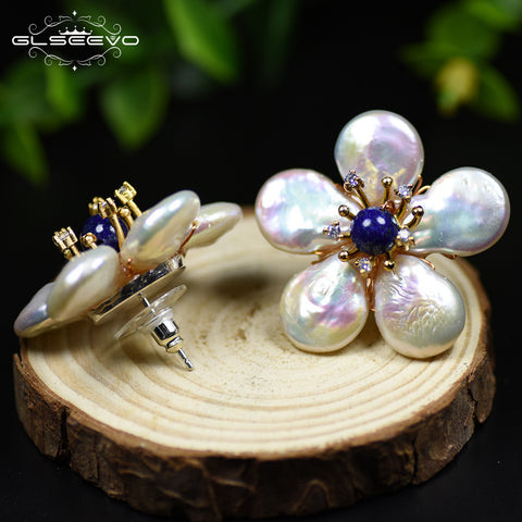 Pearl Stud Earrings 925 Sterling Silver Needle Baroque Earrings Premium Lapis Lazuli Earrings Temperament Wholesale Natural