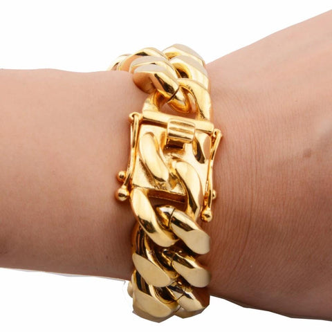 8/10/12/14/16/18mm Wide Gold Color 316L Stainless Steel Curb Cuban Link Chain Bracelet Bangle Jewelry 7-11inch for Men Women