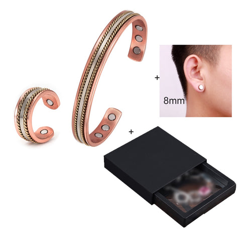 Pure Copper Jewelry-Set for Women Twisted Open Cuff Adjustable Copper Magnetic Bracelet Earrings Arthritis Magnetic Therapy Ring