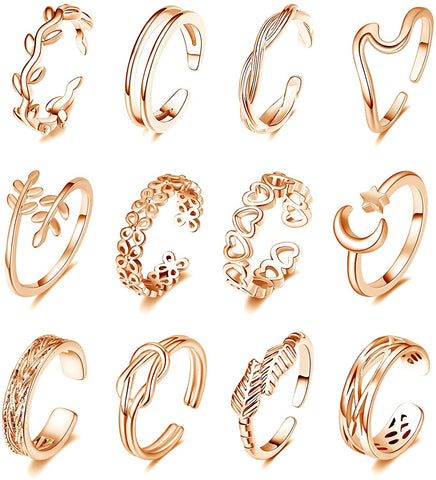 12PCS Adjustable Toe Rings for Women Summer Beach Open Toe Rings Set Flower Arrow Tail Pinky Band Rings Barefoot Foot Jewelry