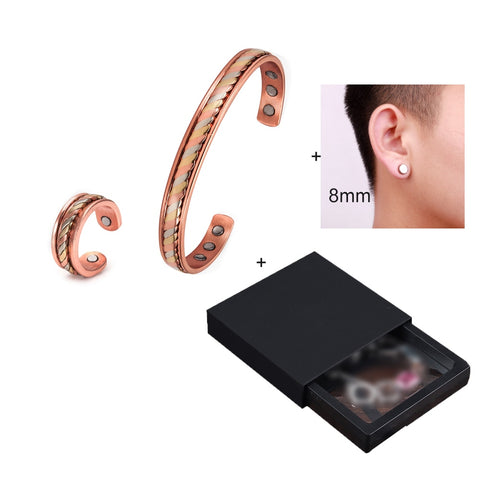 Pure Copper Jewelry-Set for Women Twisted Open Cuff Adjustable Copper Magnetic Bracelet Earrings Arthritis Magnetic Therapy Ring