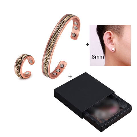 Pure Copper Jewelry-Set for Women Twisted Open Cuff Adjustable Copper Magnetic Bracelet Earrings Arthritis Magnetic Therapy Ring