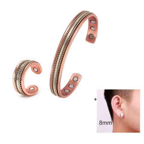 Pure Copper Jewelry-Set for Women Twisted Open Cuff Adjustable Copper Magnetic Bracelet Earrings Arthritis Magnetic Therapy Ring