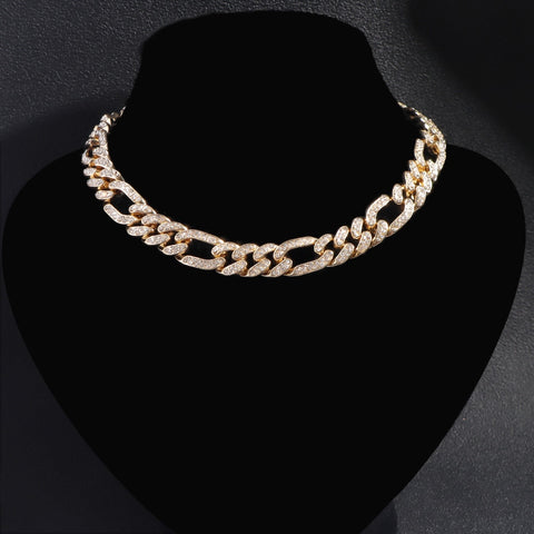 Iced Out Miami Curb Cuban Chain Necklace Fom Women Gold Color Bling Paved Rhinestones Cuban Link Choker Necklace Punk Jewelry