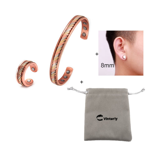 Pure Copper Jewelry-Set for Women Twisted Open Cuff Adjustable Copper Magnetic Bracelet Earrings Arthritis Magnetic Therapy Ring