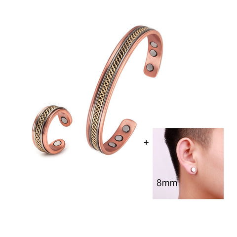 Pure Copper Jewelry-Set for Women Twisted Open Cuff Adjustable Copper Magnetic Bracelet Earrings Arthritis Magnetic Therapy Ring