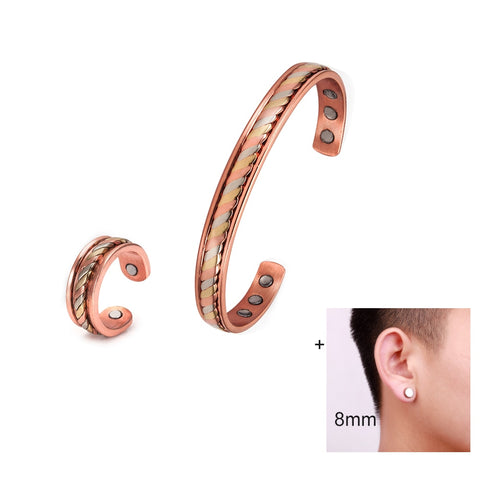 Pure Copper Jewelry-Set for Women Twisted Open Cuff Adjustable Copper Magnetic Bracelet Earrings Arthritis Magnetic Therapy Ring