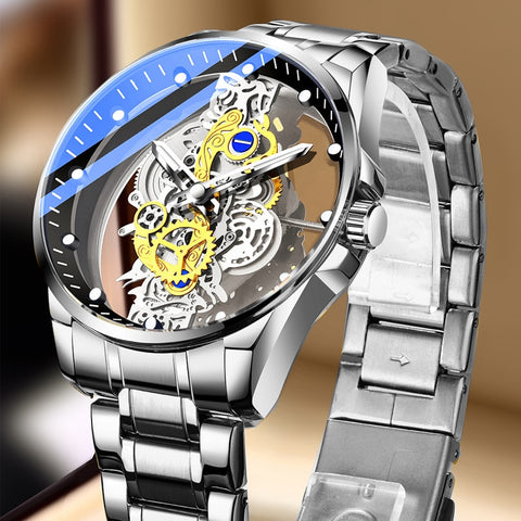 Wristwatch Double Hollow Automatic Machine Stainless Steel Men Watch Non-mechanical Quartz Movement Tourbillon Watch for Men