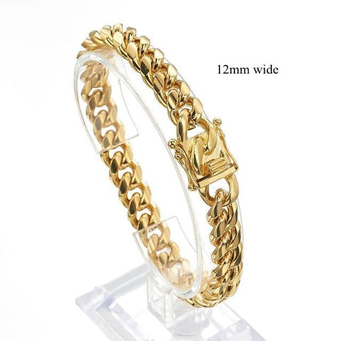 8/10/12/14/16/18mm Wide Gold Color 316L Stainless Steel Curb Cuban Link Chain Bracelet Bangle Jewelry 7-11inch for Men Women