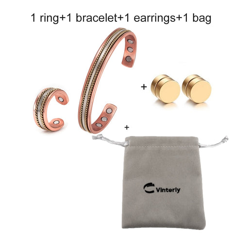 Pure Copper Jewelry-Set for Women Twisted Open Cuff Adjustable Copper Magnetic Bracelet Earrings Arthritis Magnetic Therapy Ring