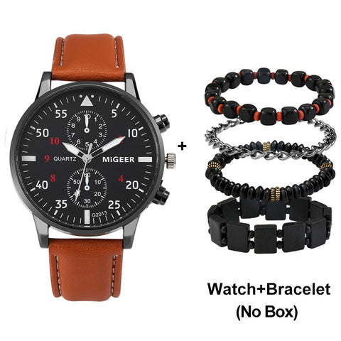 New Male Watch Luxury Bracelet Set Fashion Business Brown Leather Quartz Wrist Watches for Men Gift Set Relogio Masculino