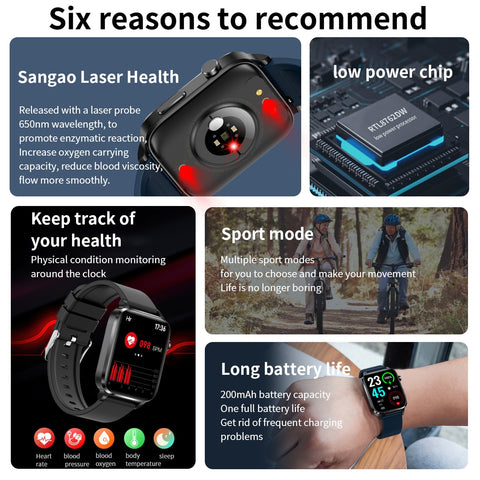 New Blood Sugar Smart Watch Men Sangao Laser Treat Health Heart Rate Blood Pressure Sport Smartwatch Women Glucometer Watch