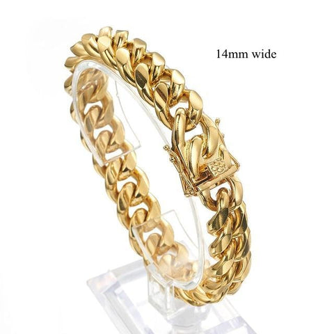 8/10/12/14/16/18mm Wide Gold Color 316L Stainless Steel Curb Cuban Link Chain Bracelet Bangle Jewelry 7-11inch for Men Women