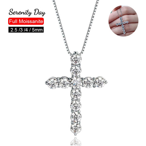 Serenity Day Jesus Cross Pendant Inlaid D Color Moissanite S925 Silver 18k White Gold Plated Necklace for Women Wedding Jewelry