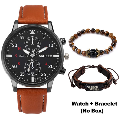 New Male Watch Luxury Bracelet Set Fashion Business Brown Leather Quartz Wrist Watches for Men Gift Set Relogio Masculino