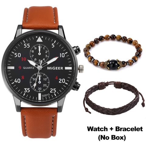 New Male Watch Luxury Bracelet Set Fashion Business Brown Leather Quartz Wrist Watches for Men Gift Set Relogio Masculino