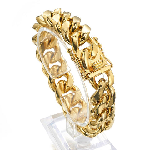 8/10/12/14/16/18mm Wide Gold Color 316L Stainless Steel Curb Cuban Link Chain Bracelet Bangle Jewelry 7-11inch for Men Women