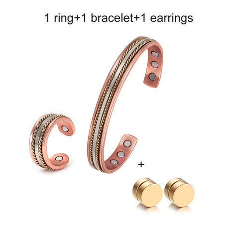 Pure Copper Jewelry-Set for Women Twisted Open Cuff Adjustable Copper Magnetic Bracelet Earrings Arthritis Magnetic Therapy Ring